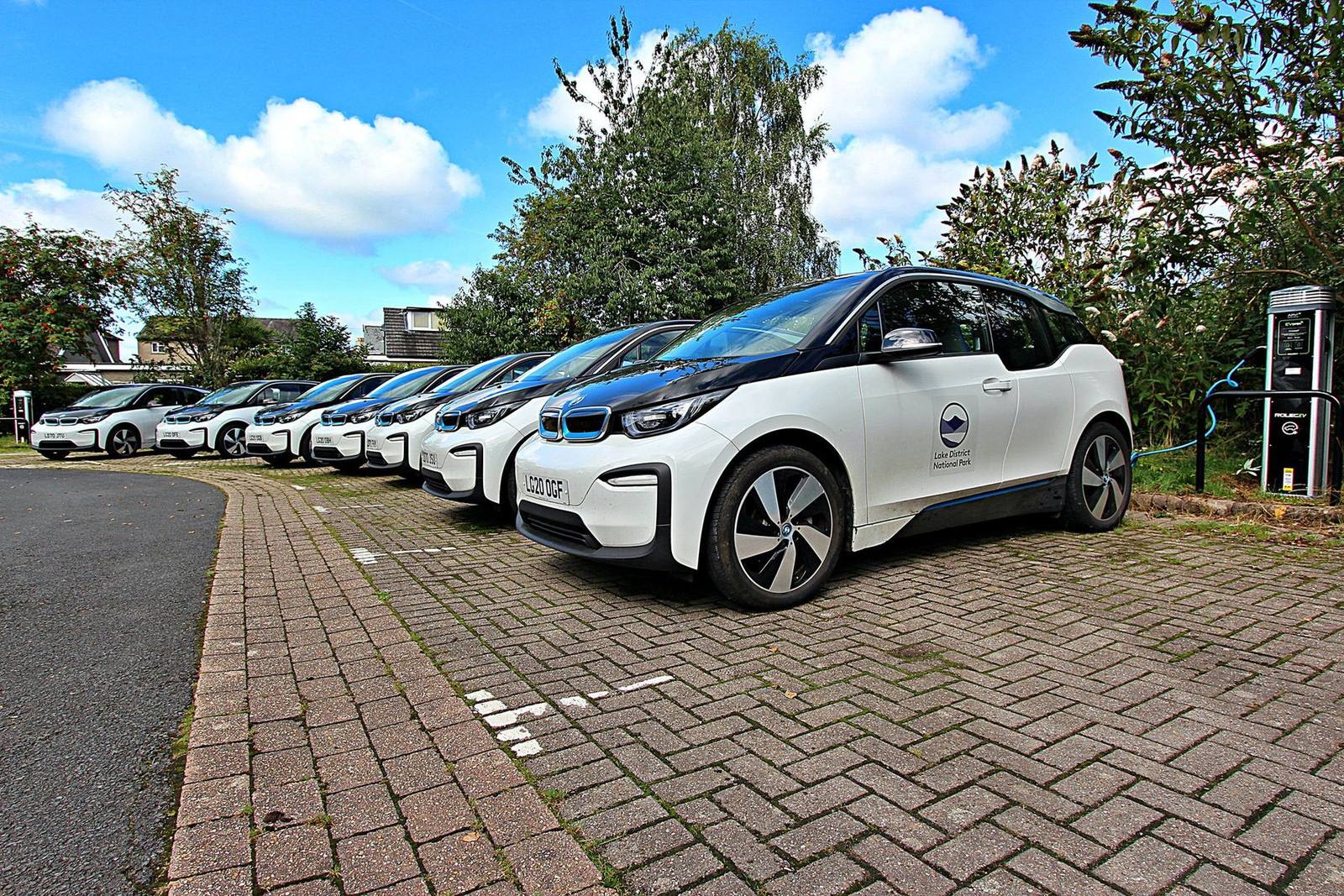A row of identical fleet electric cars on charge